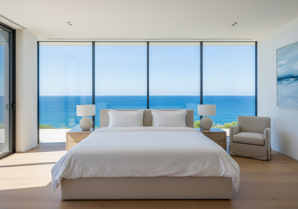 Sea-view bedroom with crisp white bedding